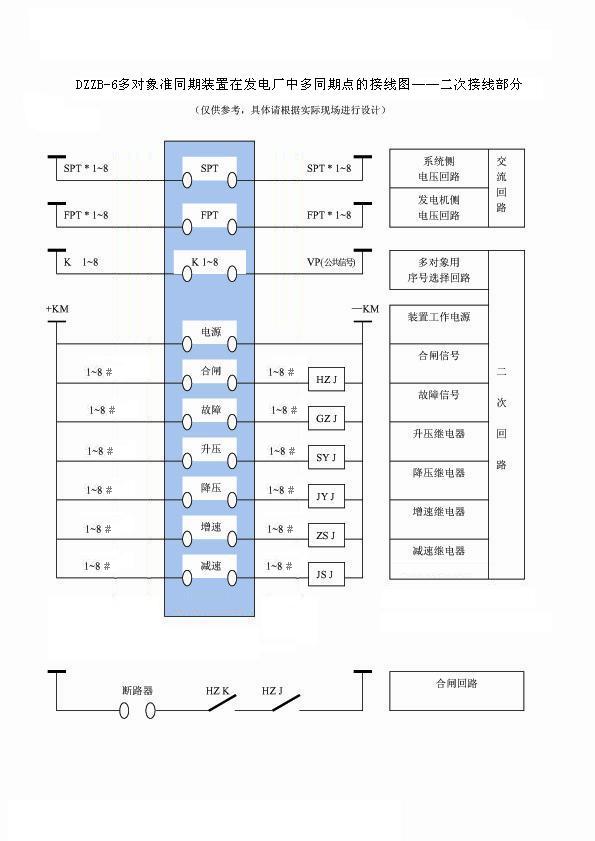 DZZB-6型多對象準(zhǔn)同期裝置在發(fā)電廠中多同期點(diǎn)的接線圖